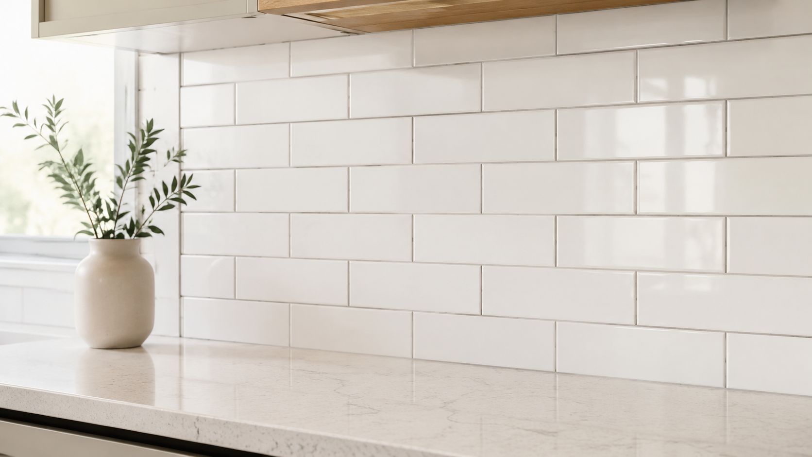 A clean white subway tile kitchen backsplash with a simple vase and plant on the countertop.