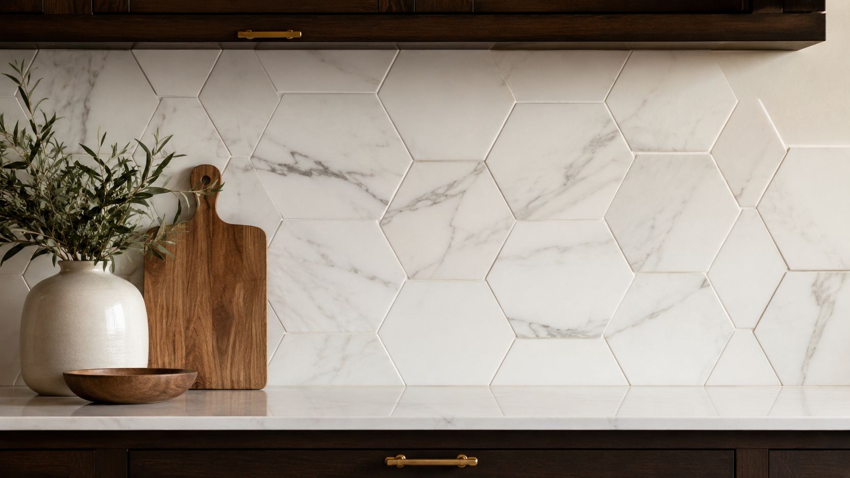 A modern kitchen counter with white marble hexagon tiles, wooden cutting board, and a decorative vase.
