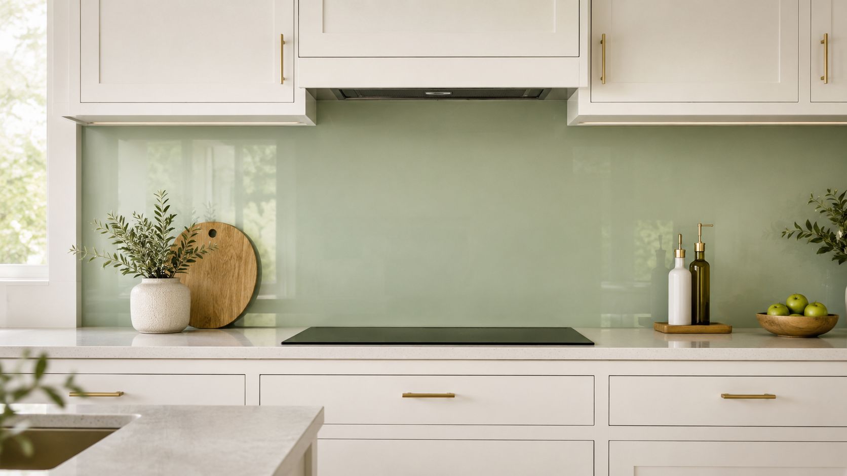 A modern kitchen with white cabinets, gold hardware, and a smooth sage green glass backsplash panel.