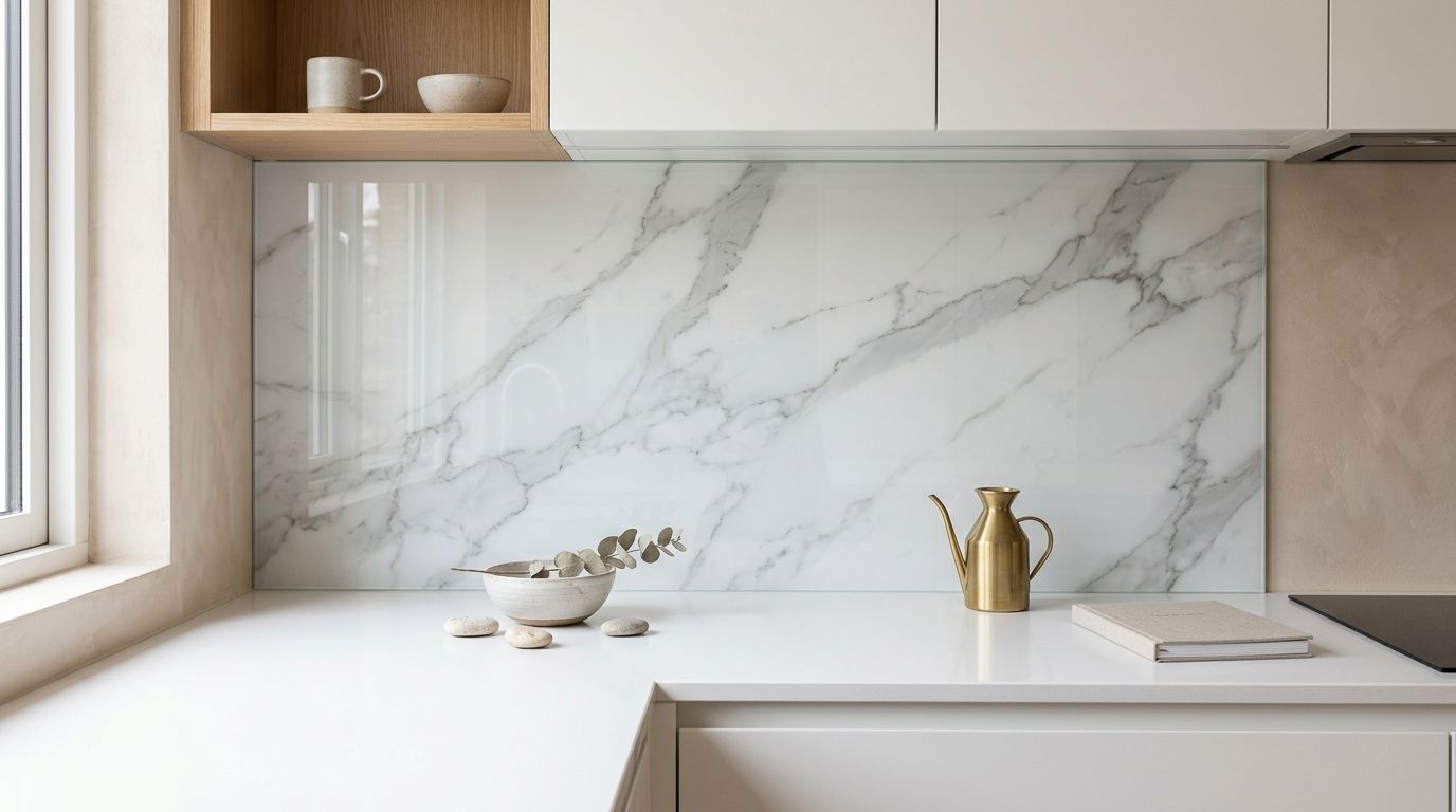 A modern kitchen interior featuring a sleek marble-patterned glass backsplash above a white countertop.
