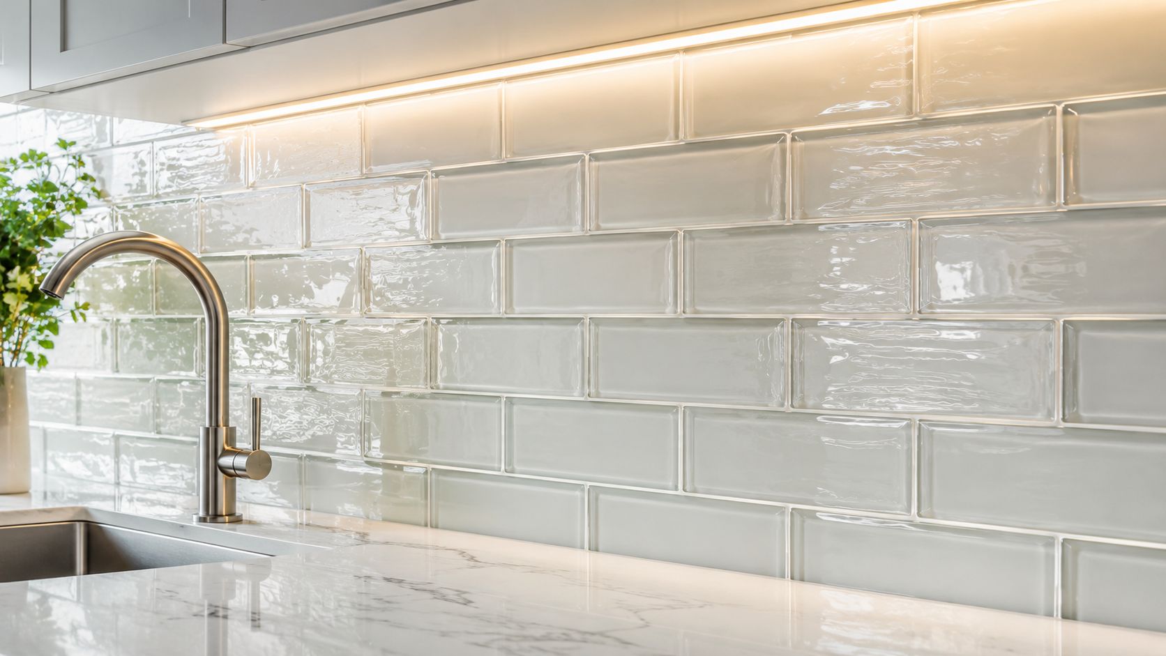A modern kitchen sink area featuring glossy, light grey subway glass tiles and a marble countertop.