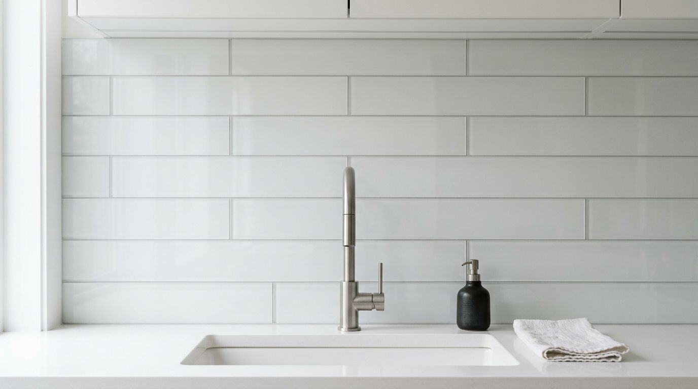 A modern kitchen sink with a brushed nickel faucet and soap dispenser against white subway tiles.