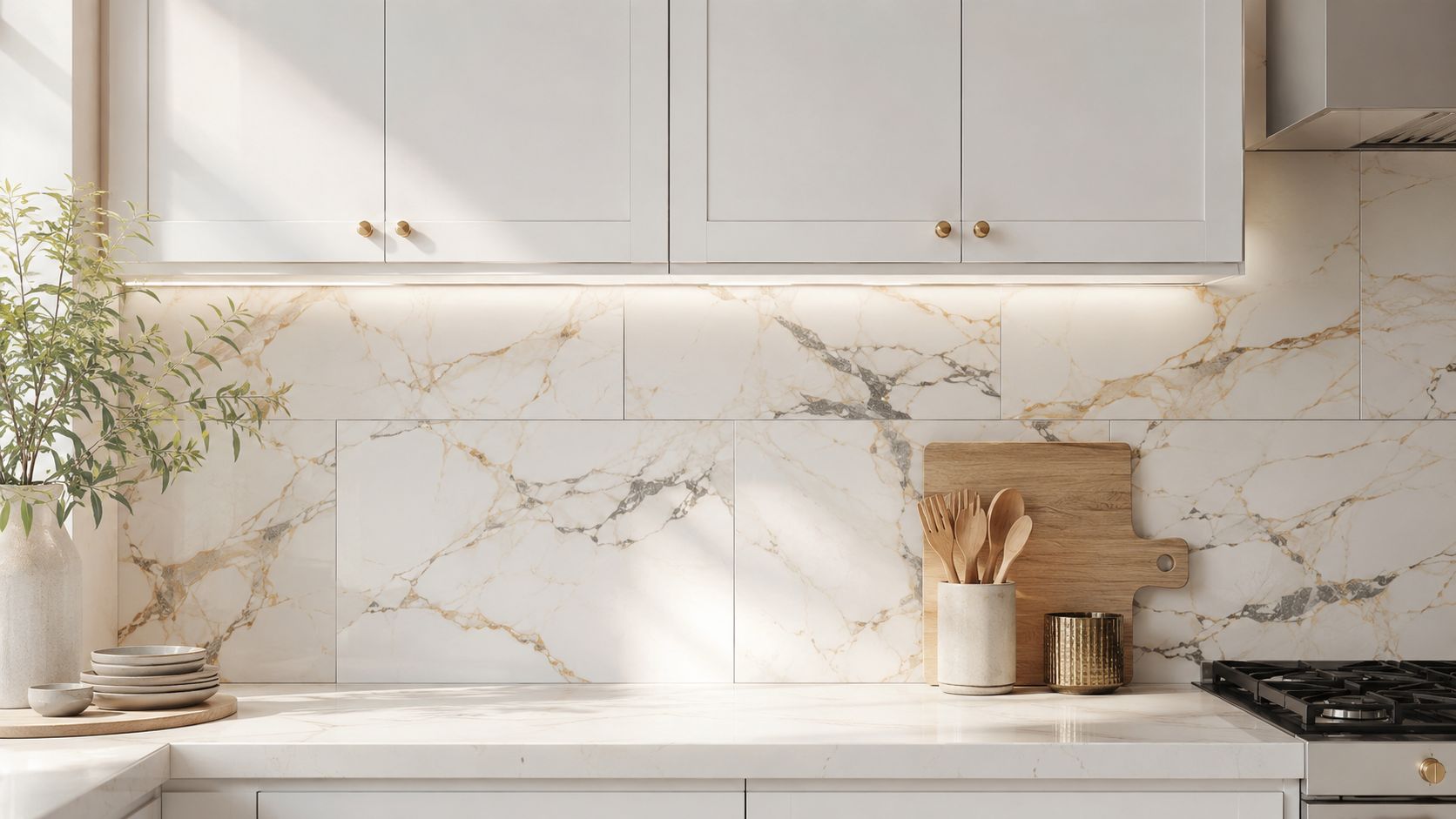 A luxurious kitchen with elegant white marble backsplash, warm under-cabinet lighting, and clean, modern white cabinetry.
