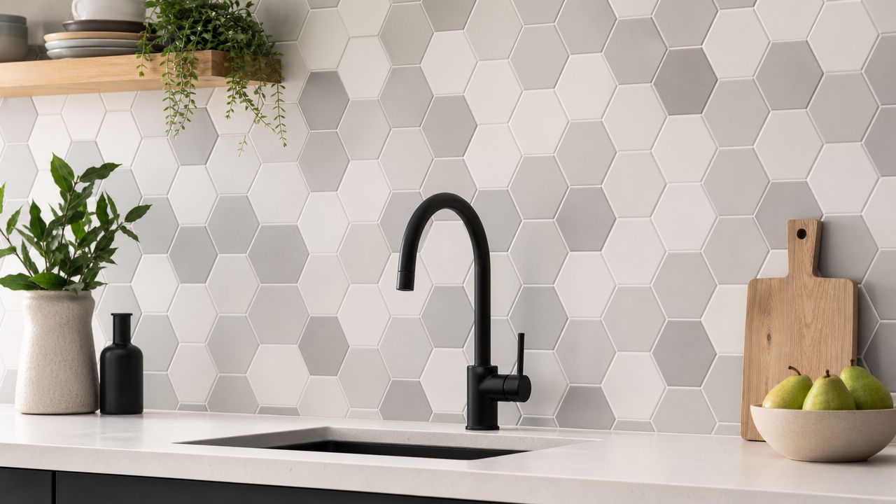A modern kitchen sink with a matte black faucet, hexagonal tiles, and natural decor items on a counter.