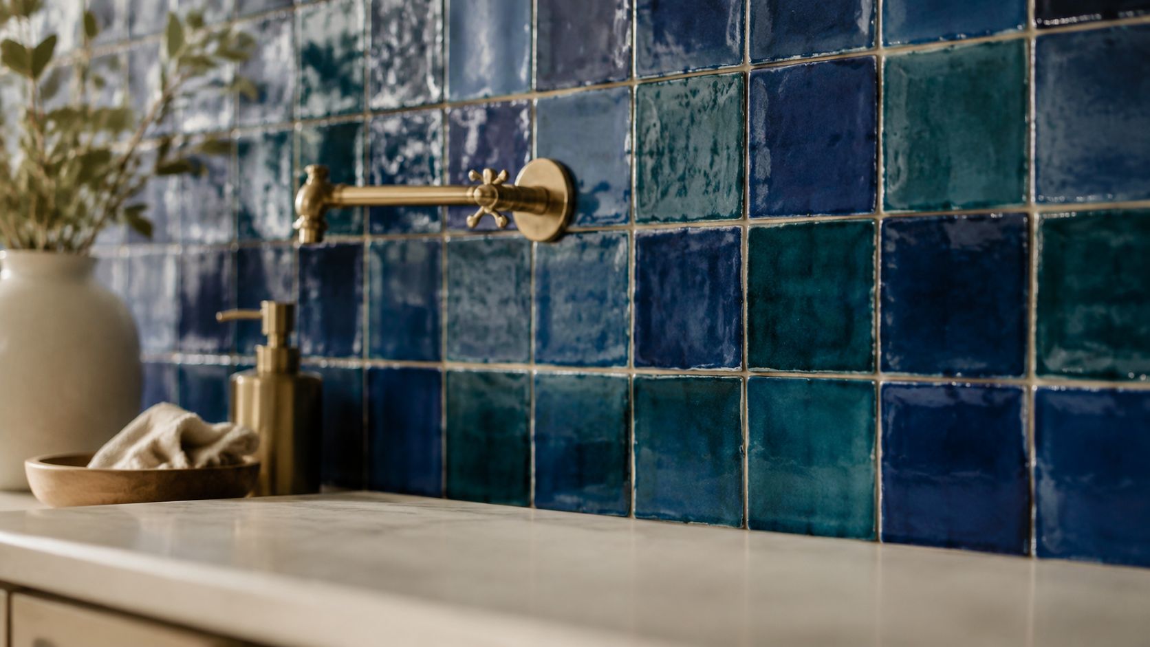 A close-up view of a stylish kitchen featuring glossy blue mosaic tiles and brass faucet fixtures.