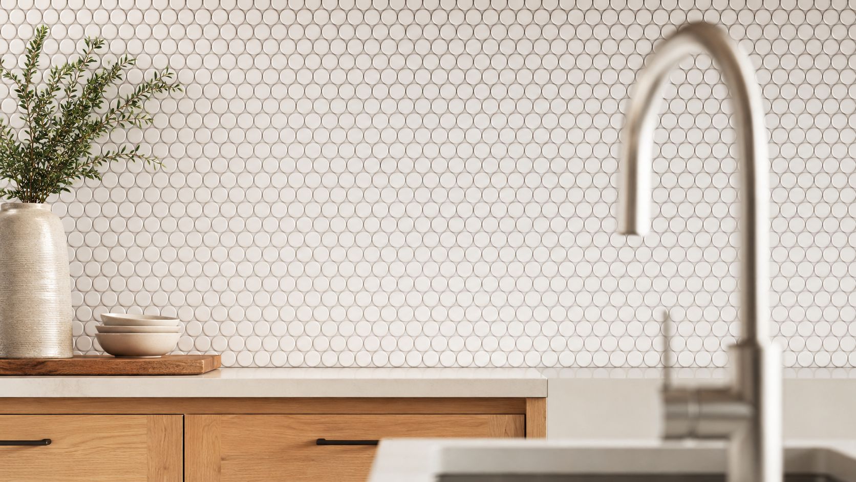 A modern kitchen interior featuring a clean white penny round tile backsplash, wooden cabinets, and a faucet.