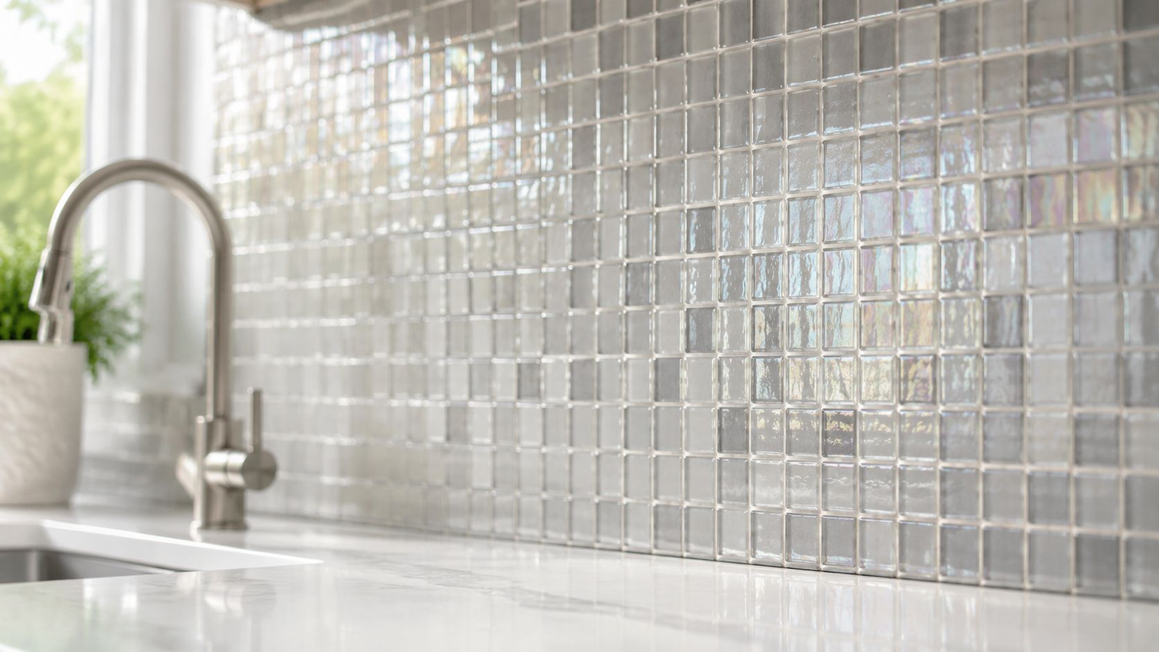 A close-up view of a modern kitchen backsplash made of iridescent grey glass mosaic square tiles.