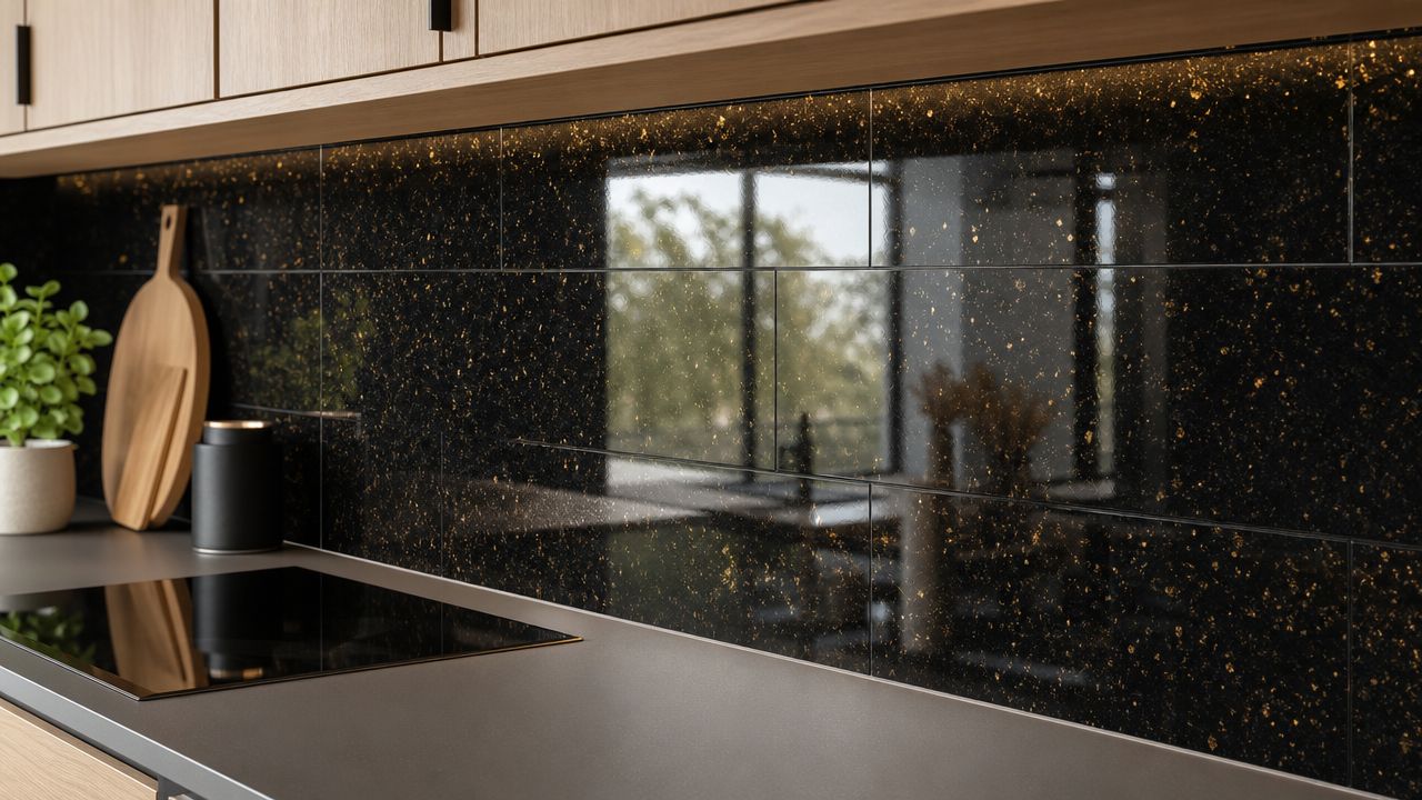 A modern kitchen backsplash featuring elegant black tiles with shimmering gold specks and under-cabinet lighting.