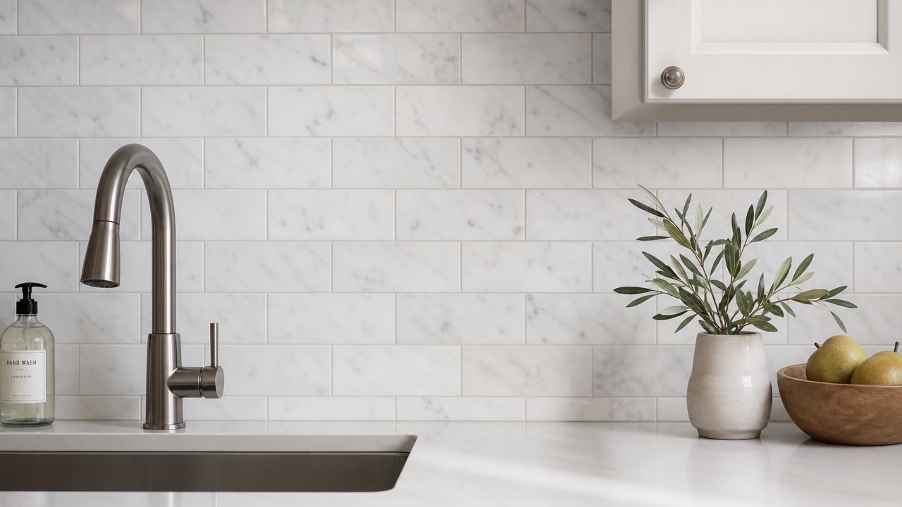 A modern kitchen sink area featuring white marble subway tiles, a stainless steel faucet, and decorative greenery.