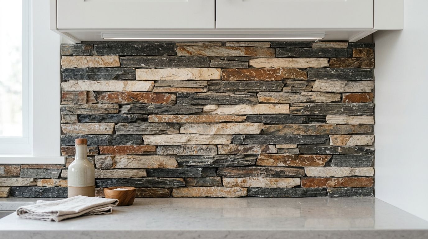 A modern kitchen countertop featuring a textured, multi-colored stone veneer backsplash under white cabinets.