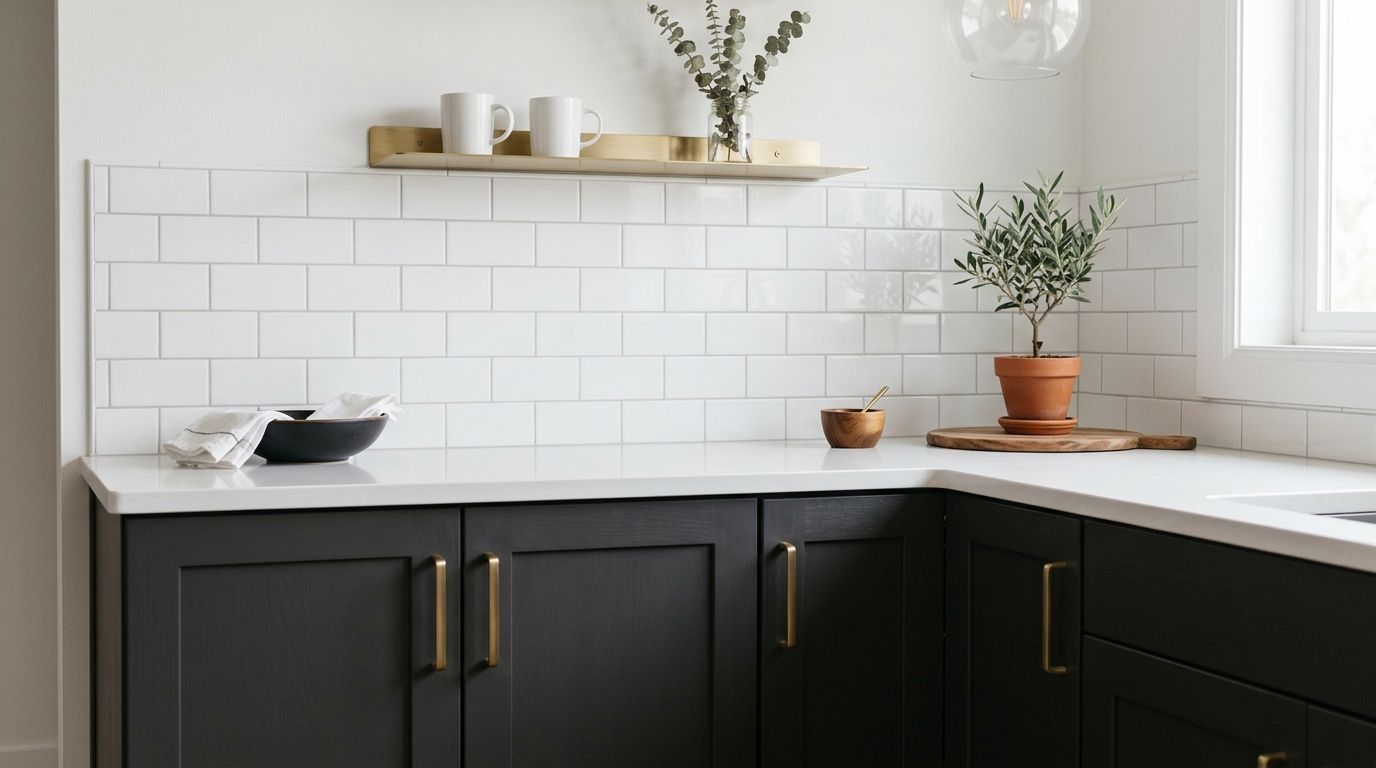 A modern kitchen corner featuring white subway tile backsplash, dark cabinets, and brass hardware accents.