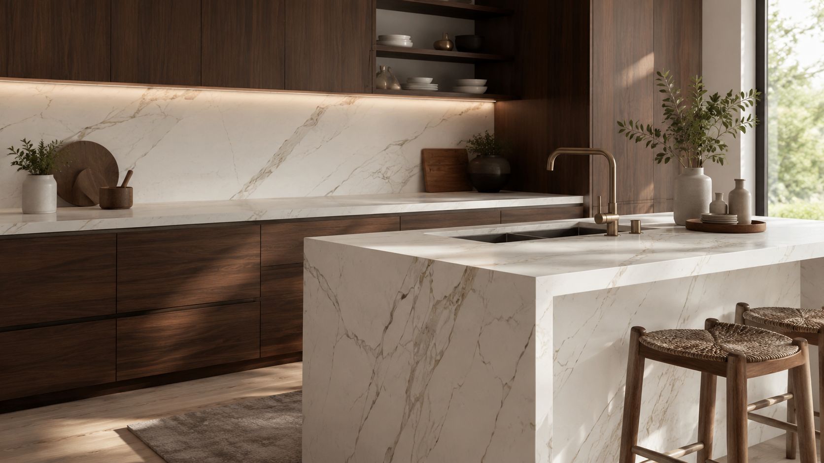 A modern luxury kitchen featuring dark wood cabinets, a marble island, and white stone backsplashes.