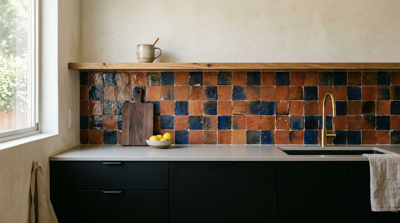 A modern kitchen with matte dark cabinets, a light gray countertop, and a colorful terracotta and blue tile backsplash.