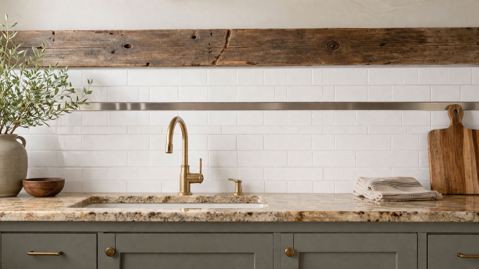 A modern farmhouse kitchen featuring green cabinets, granite countertops, white subway tile backsplash, and a brass faucet.
