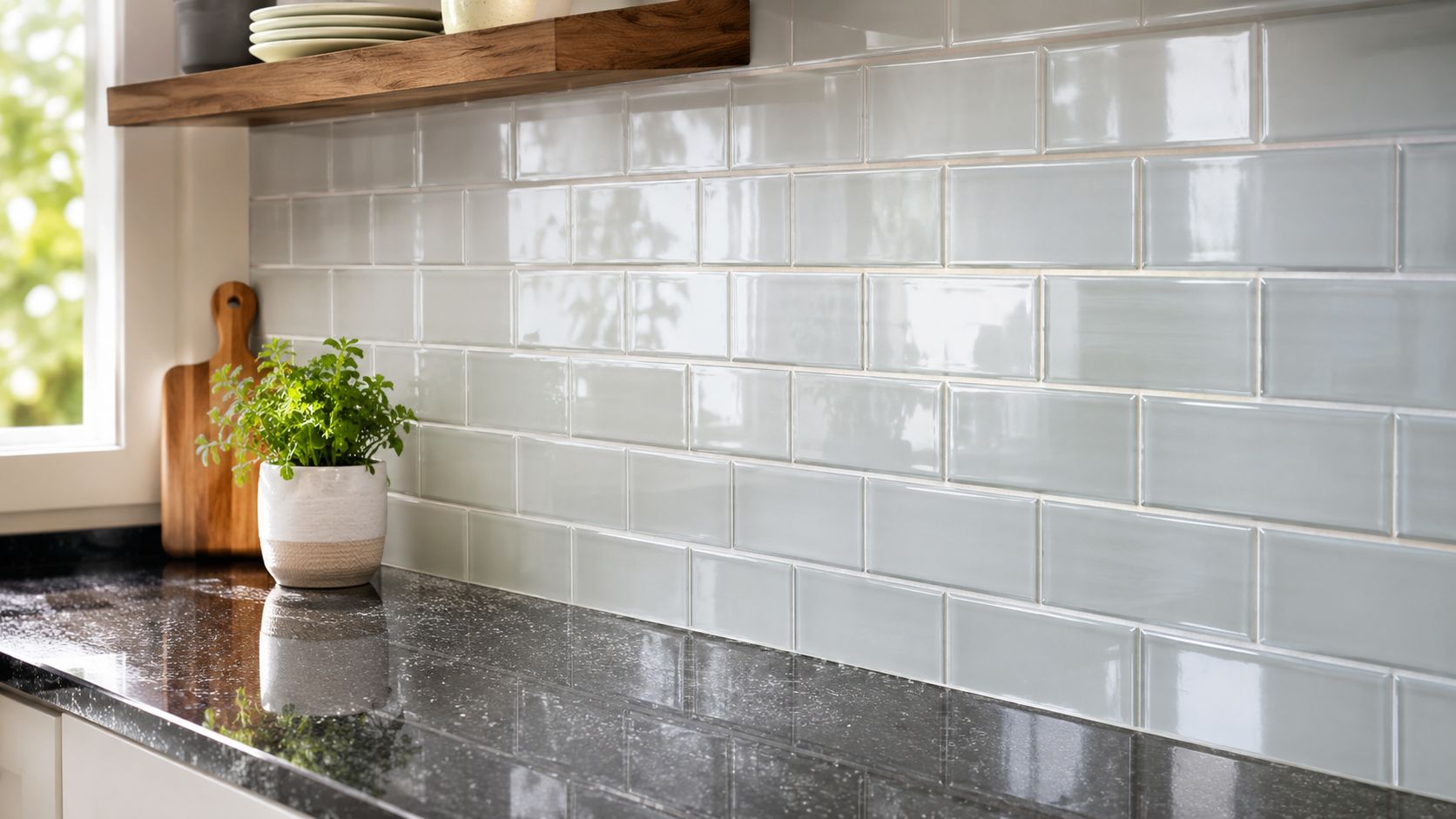 A modern kitchen backsplash featuring glossy light gray subway tiles paired with a black granite countertop.