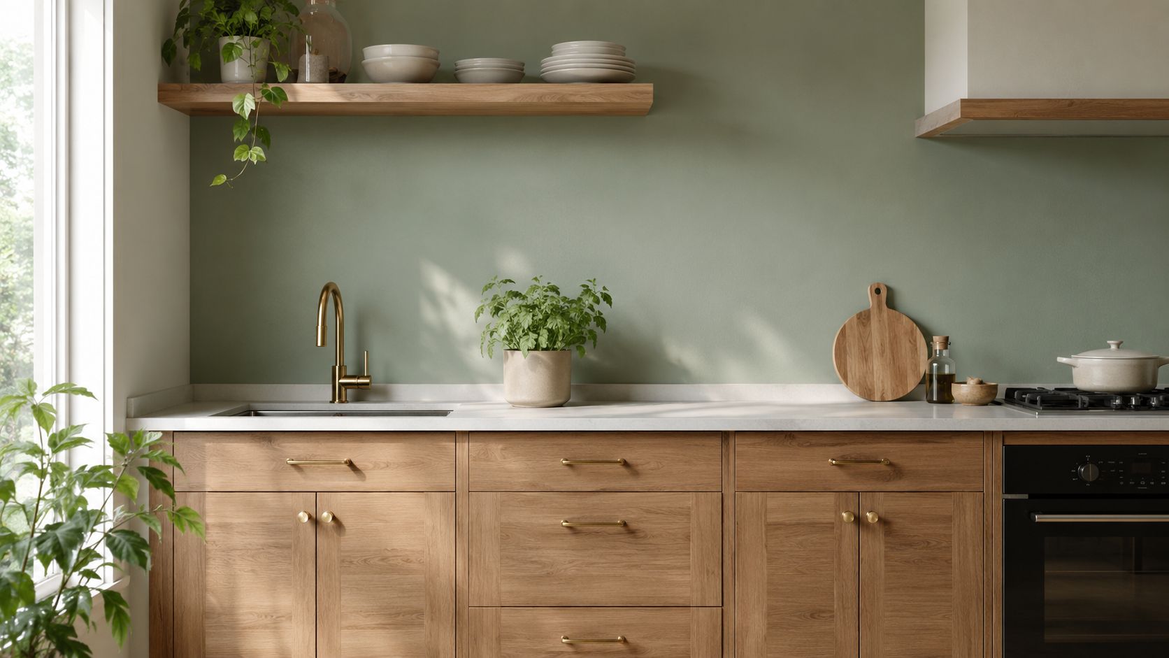 A modern kitchen interior featuring natural wood cabinets, a sage green wall, and a white marble countertop.