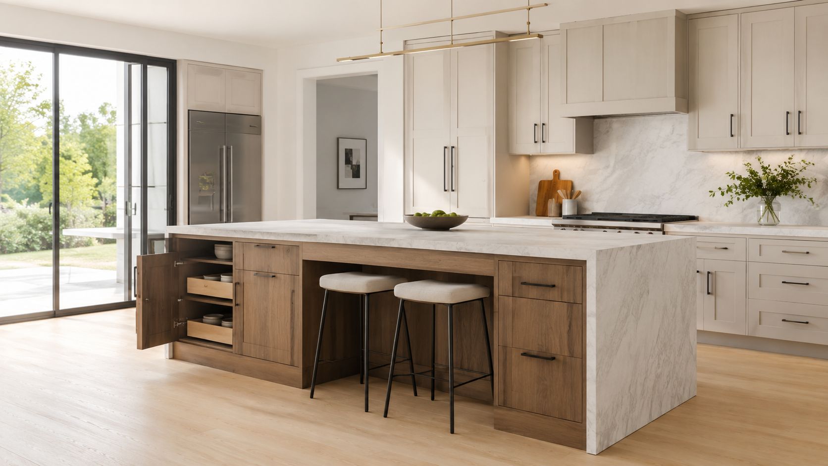 A modern kitchen interior featuring a large wooden kitchen island, marble countertops, and light beige cabinetry.