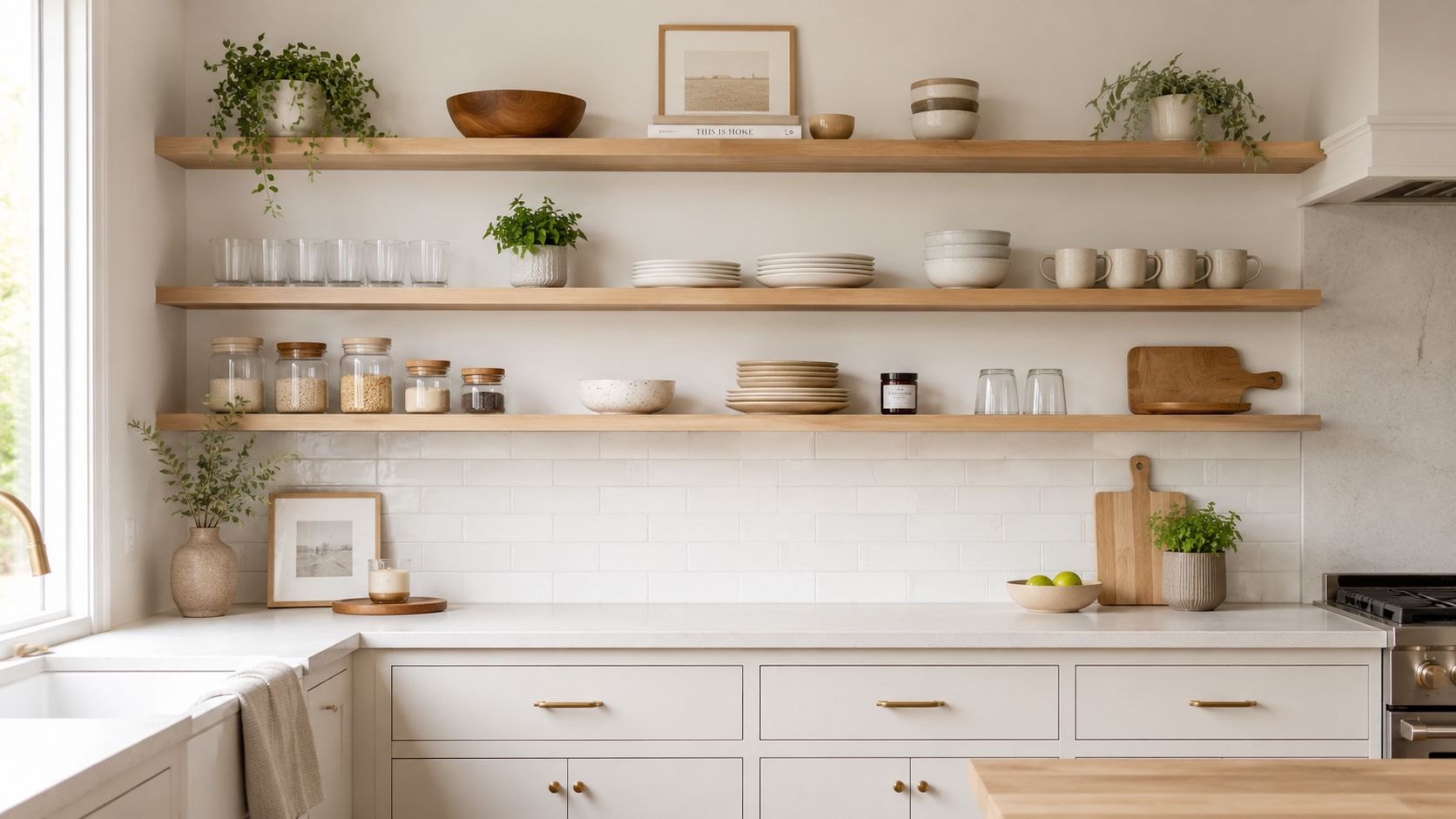 A bright and organized kitchen with open wood shelving featuring minimalist dishware, plants, and white subway tiles.