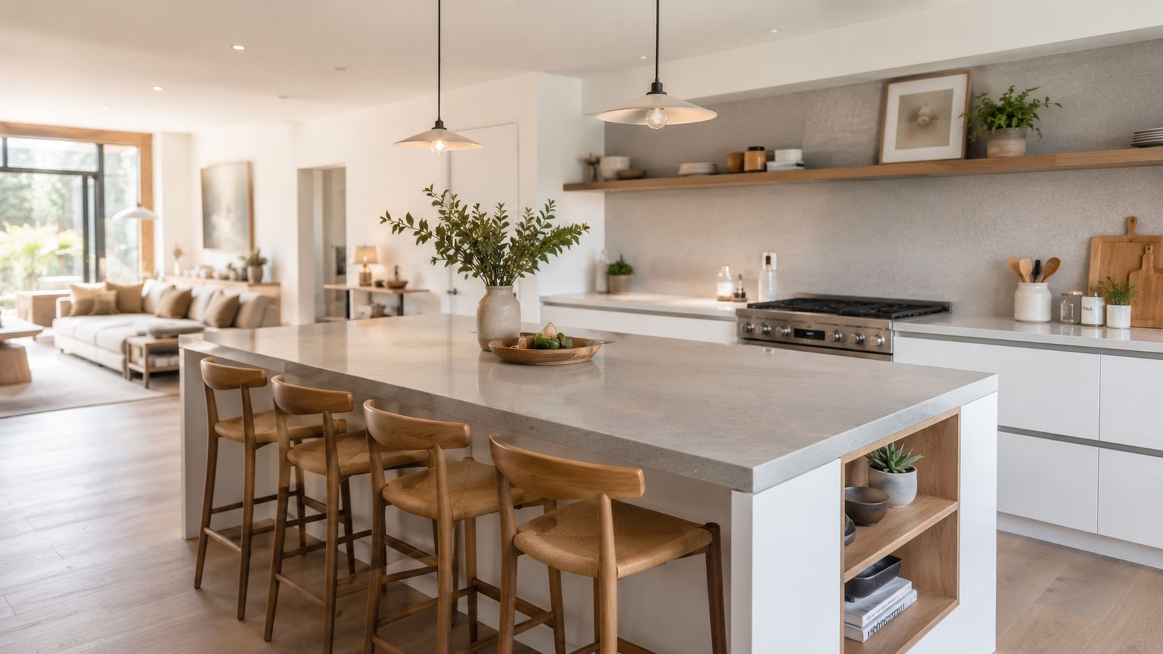 A modern kitchen with a large island, wooden bar stools, and minimalist open shelving in a bright space.