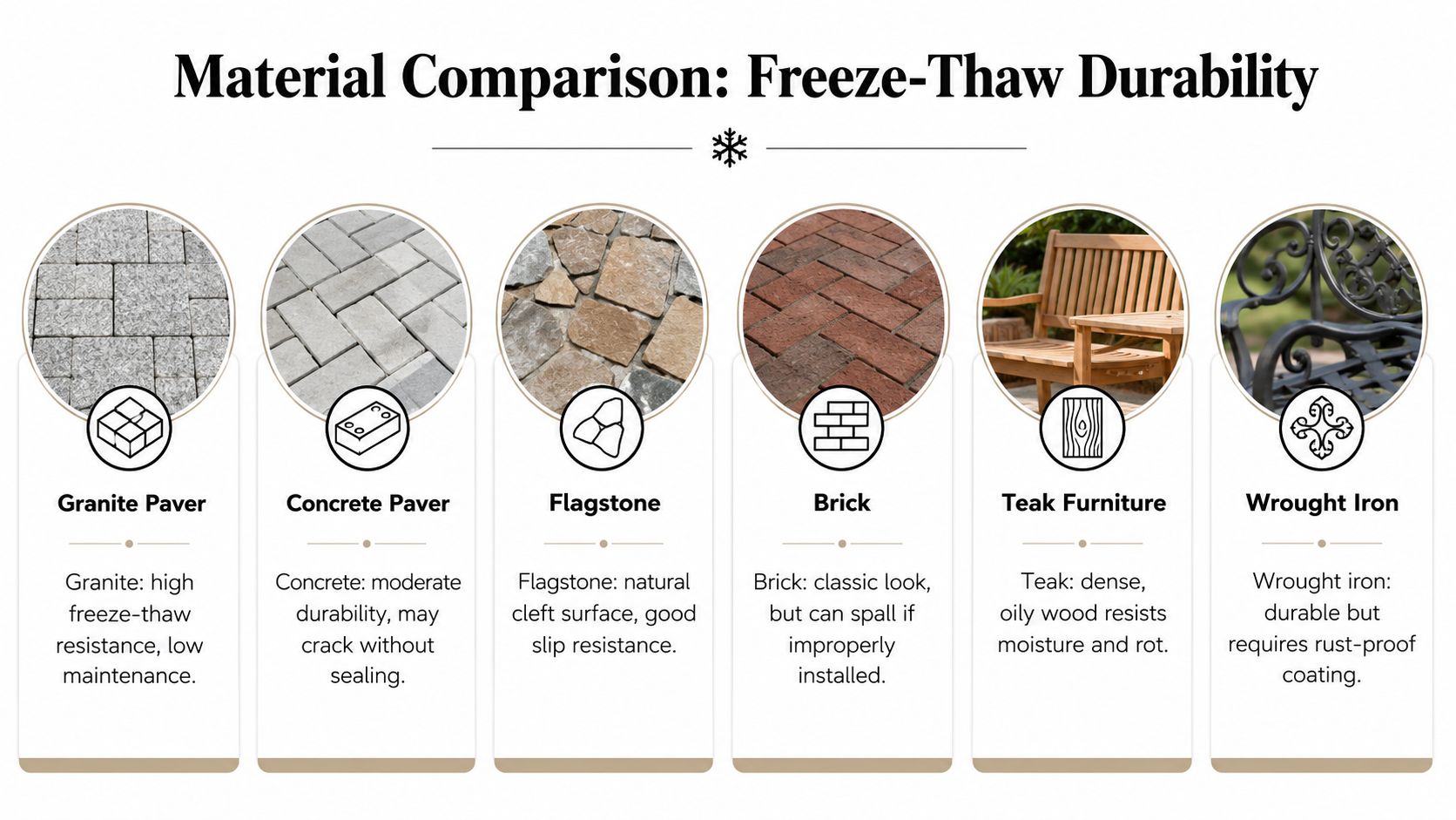A comparison chart of materials like granite, concrete, flagstone, brick, teak, and wrought iron for outdoor durability.