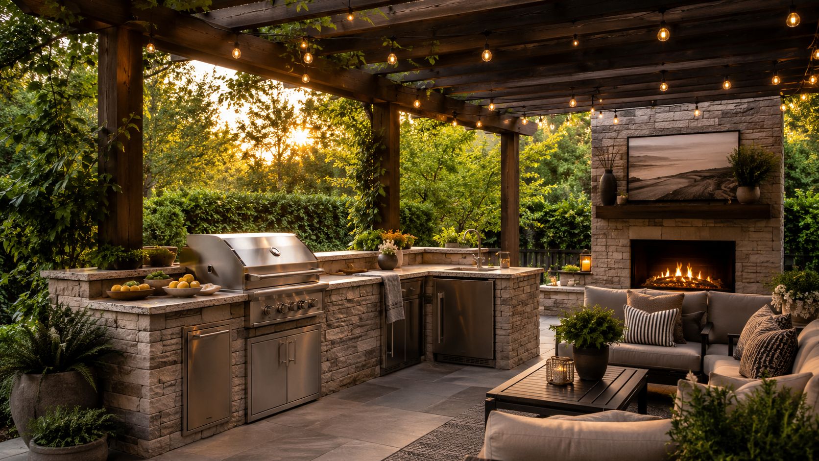 A luxurious outdoor kitchen and living area with a stone fireplace, grill, and comfortable seating at sunset.