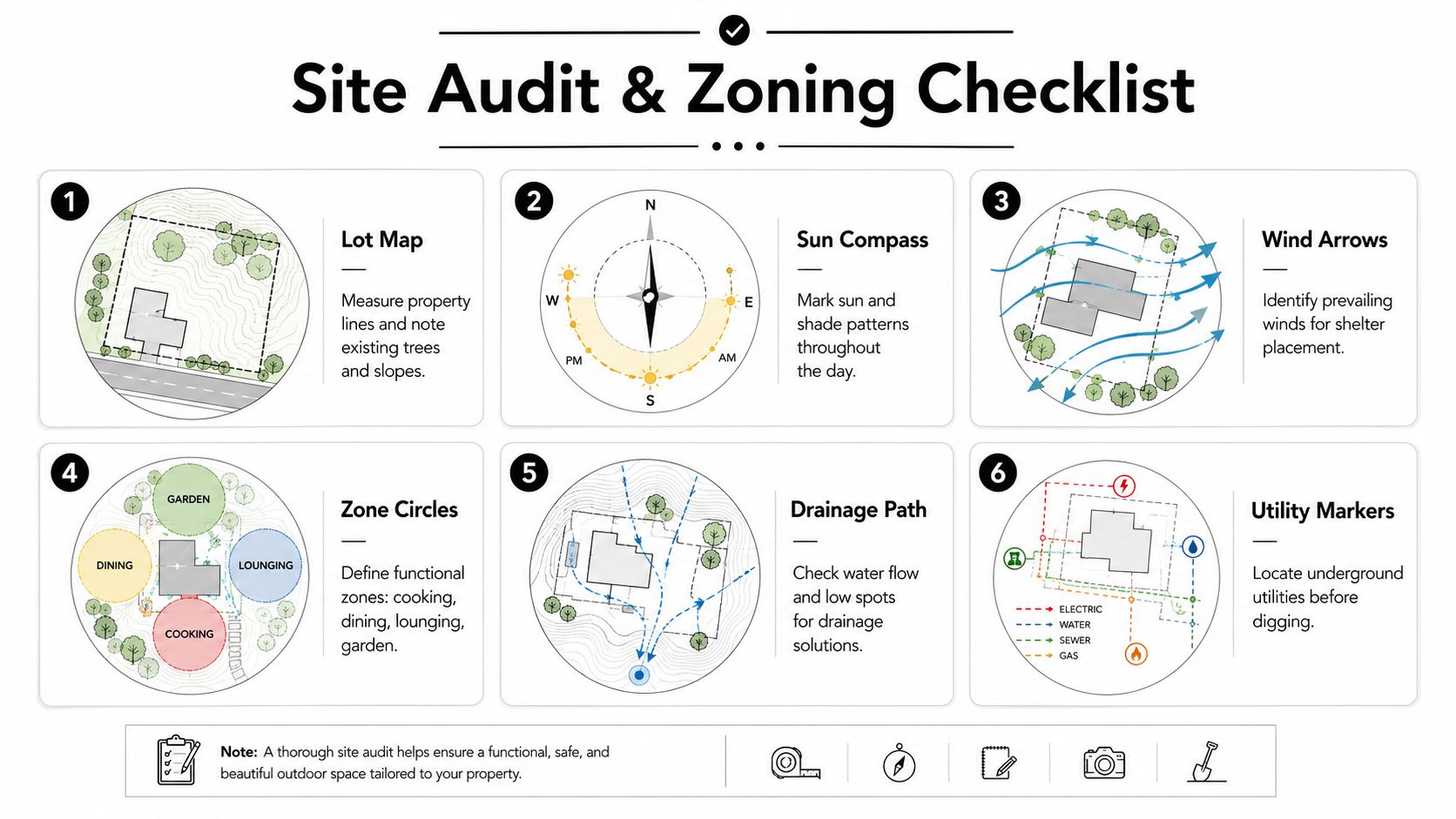 An infographic titled Site Audit and Zoning Checklist outlining six essential steps for planning outdoor living spaces.