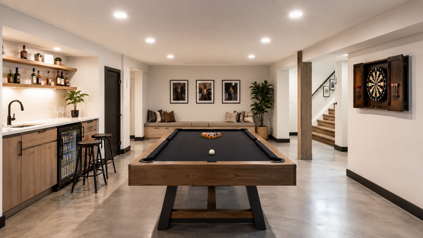 A modern, open-concept basement lounge featuring a pool table, kitchenette, bar stools, and a wall-mounted dartboard.