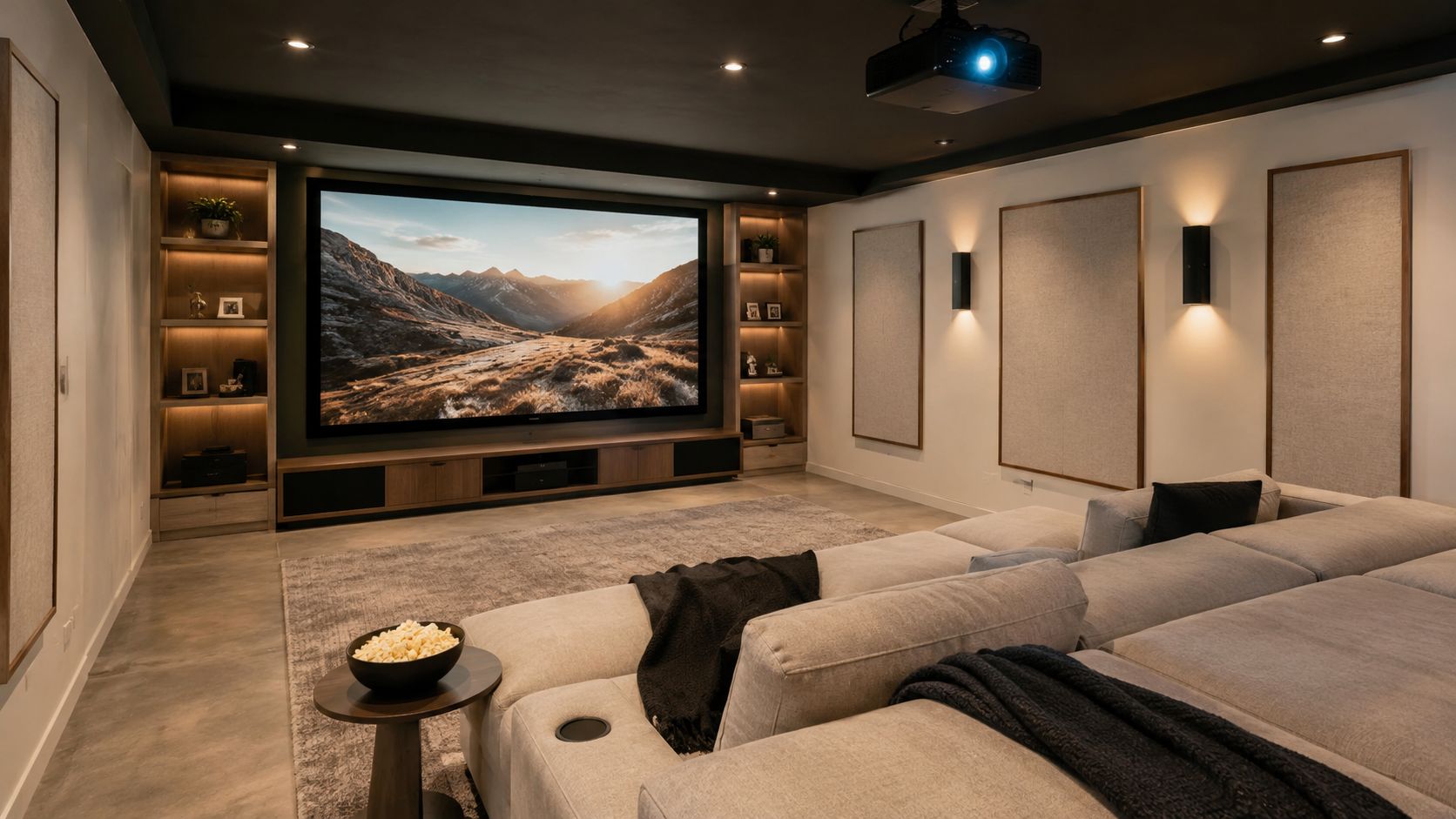 A modern luxury home theater room featuring a large projector screen, plush sectional seating, and ambient lighting.