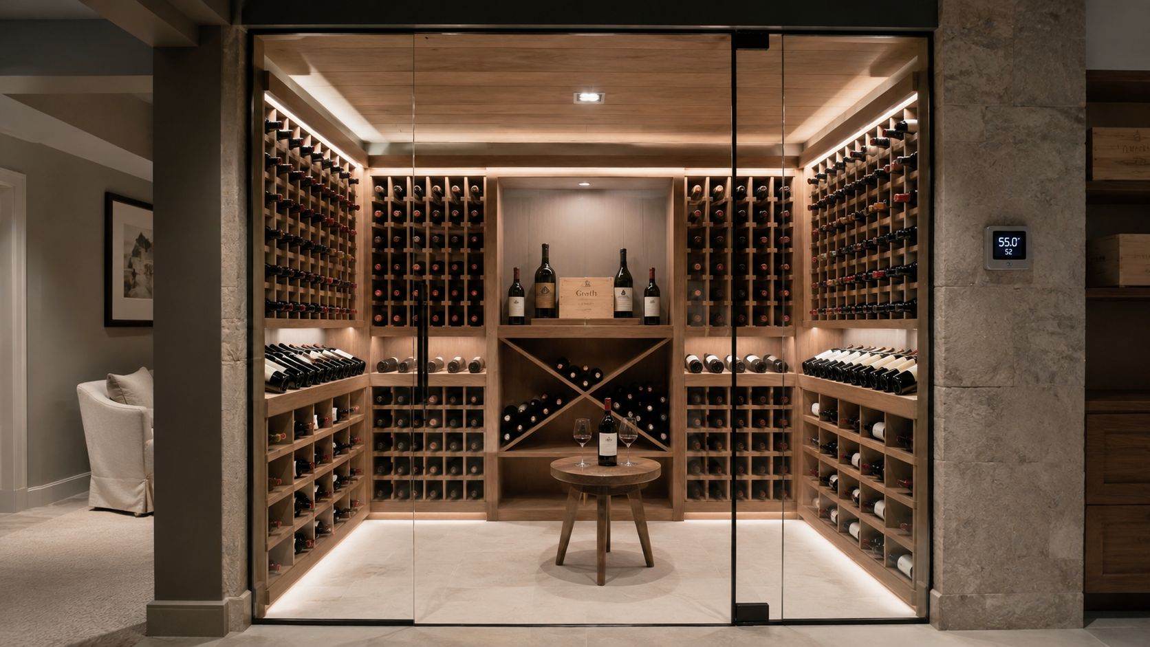 A luxurious temperature-controlled glass wine cellar with custom wooden shelving located in a modern basement home.