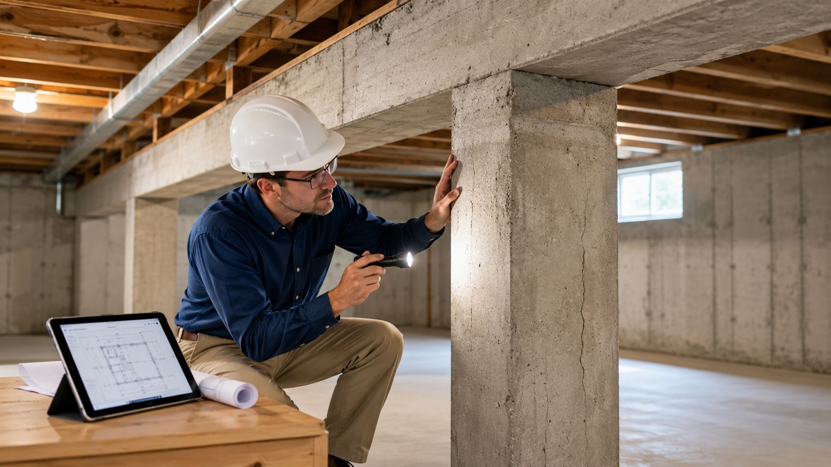 A professional building inspector wearing a hard hat examines a concrete pillar crack in a basement.