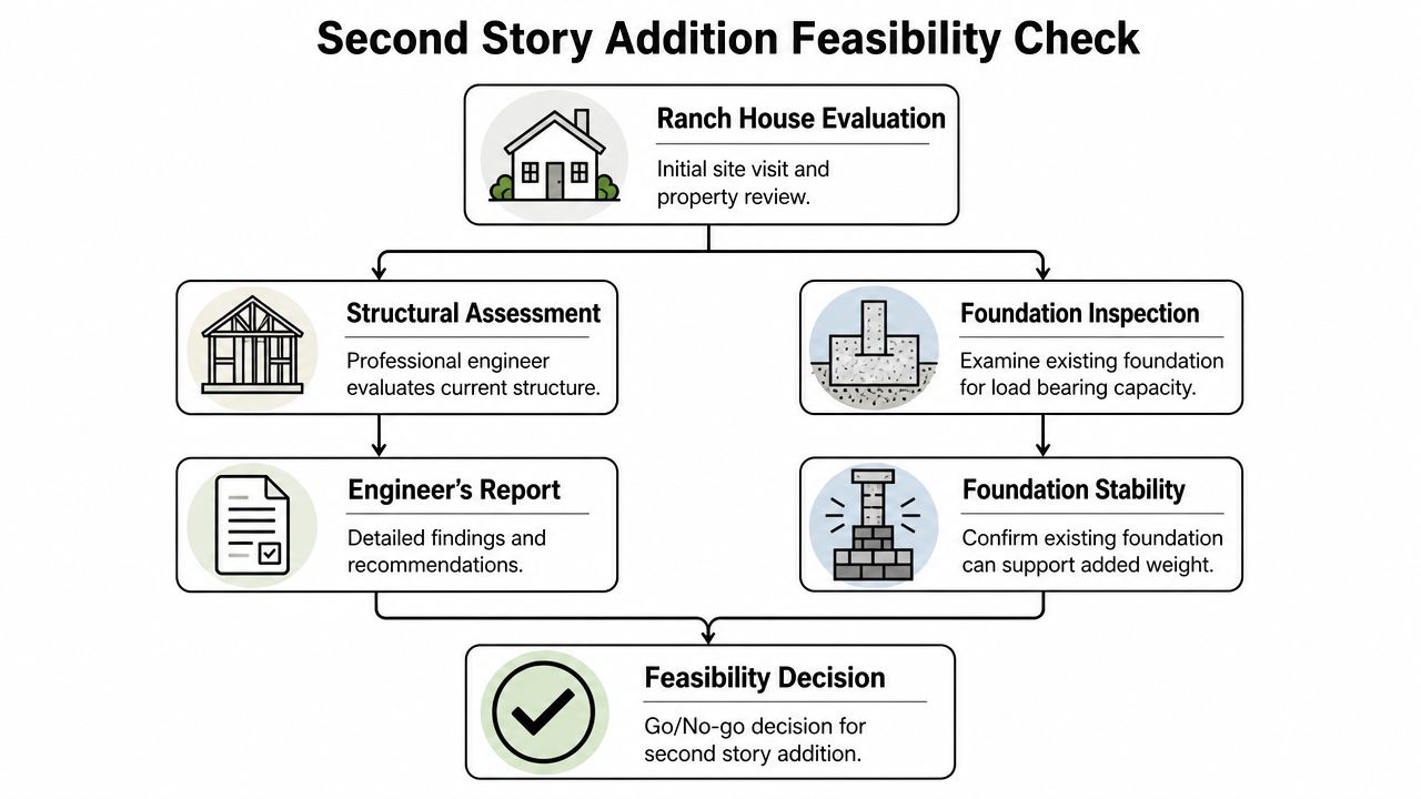 A flow chart illustrating the steps for a second story addition feasibility check on a ranch house.