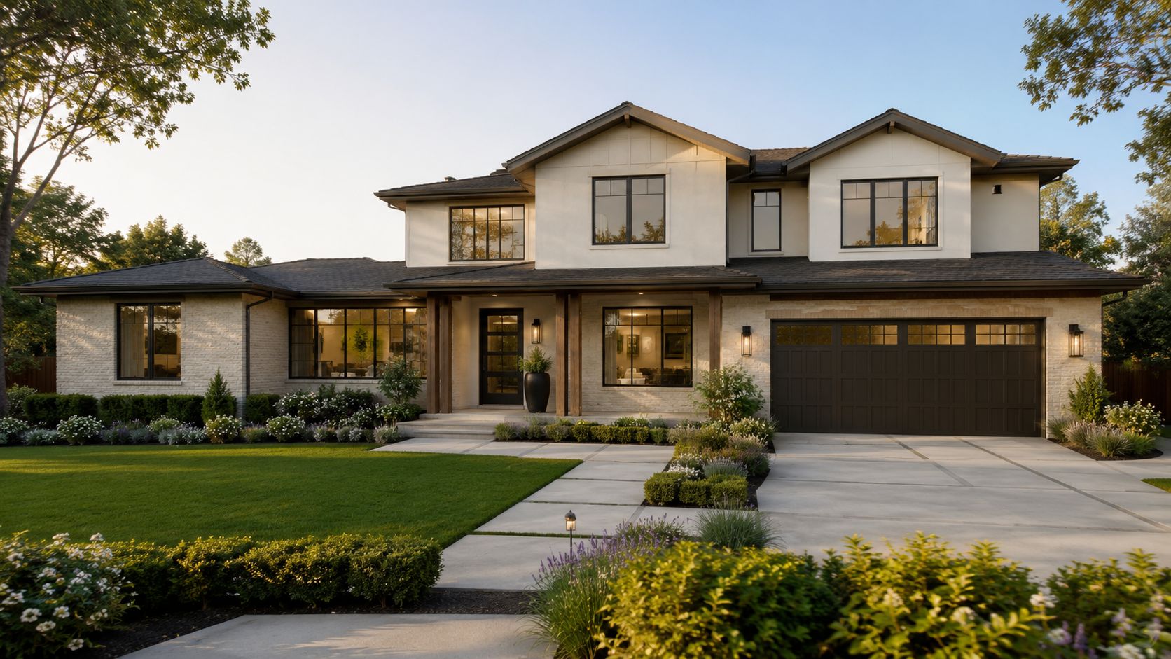 A luxurious two-story ranch style home featuring a white brick exterior, black windows, and a paved driveway.
