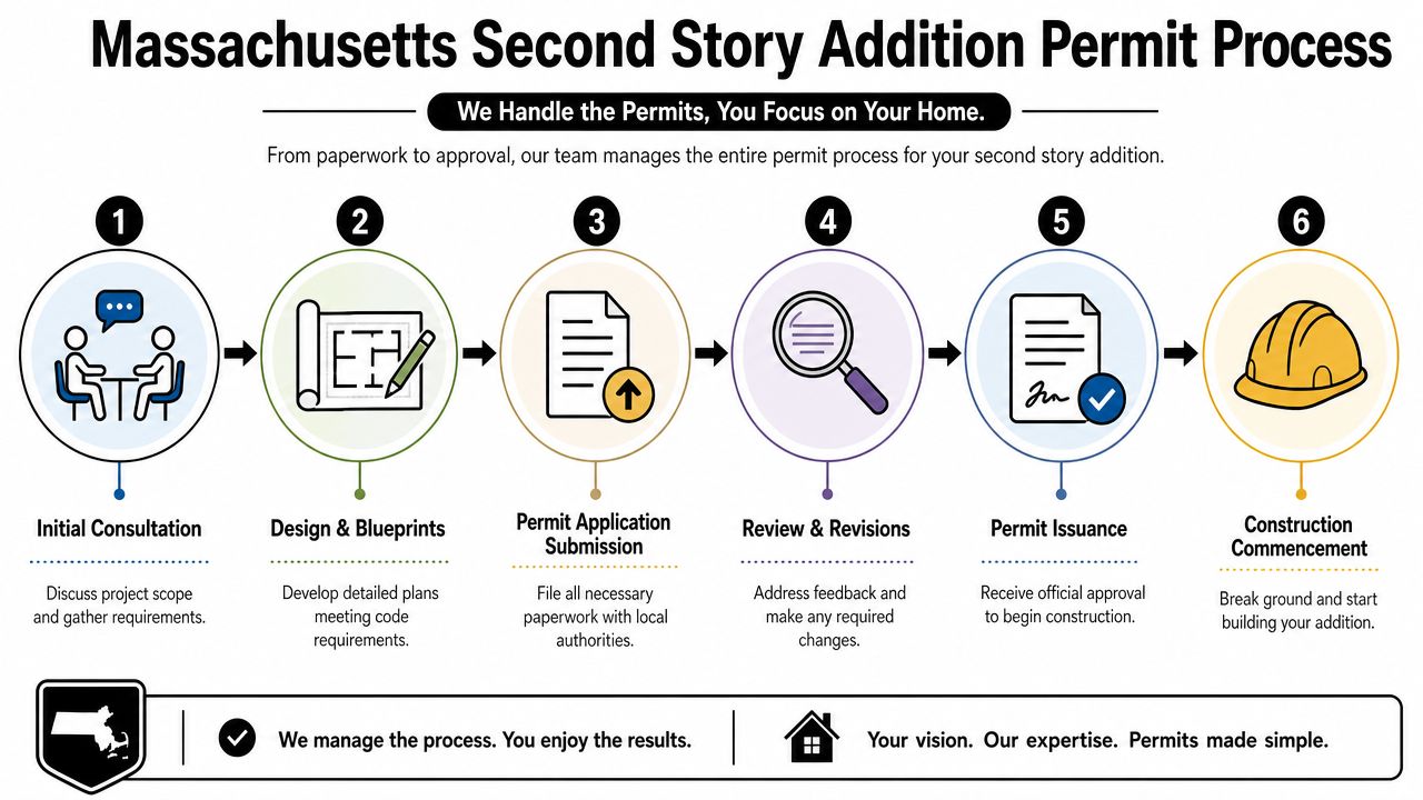 A six-step infographic illustrating the professional permit process for a second story home addition in Massachusetts.