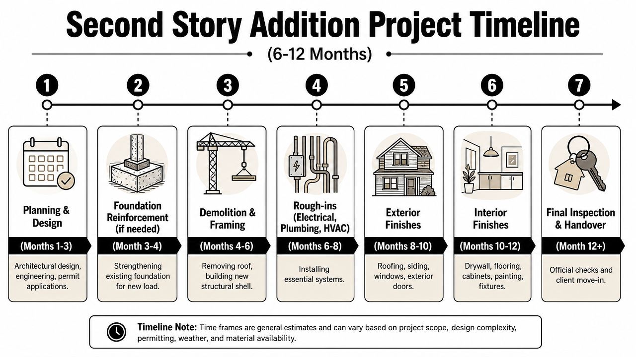 A detailed project timeline infographic showing seven steps for completing a second story home addition project.