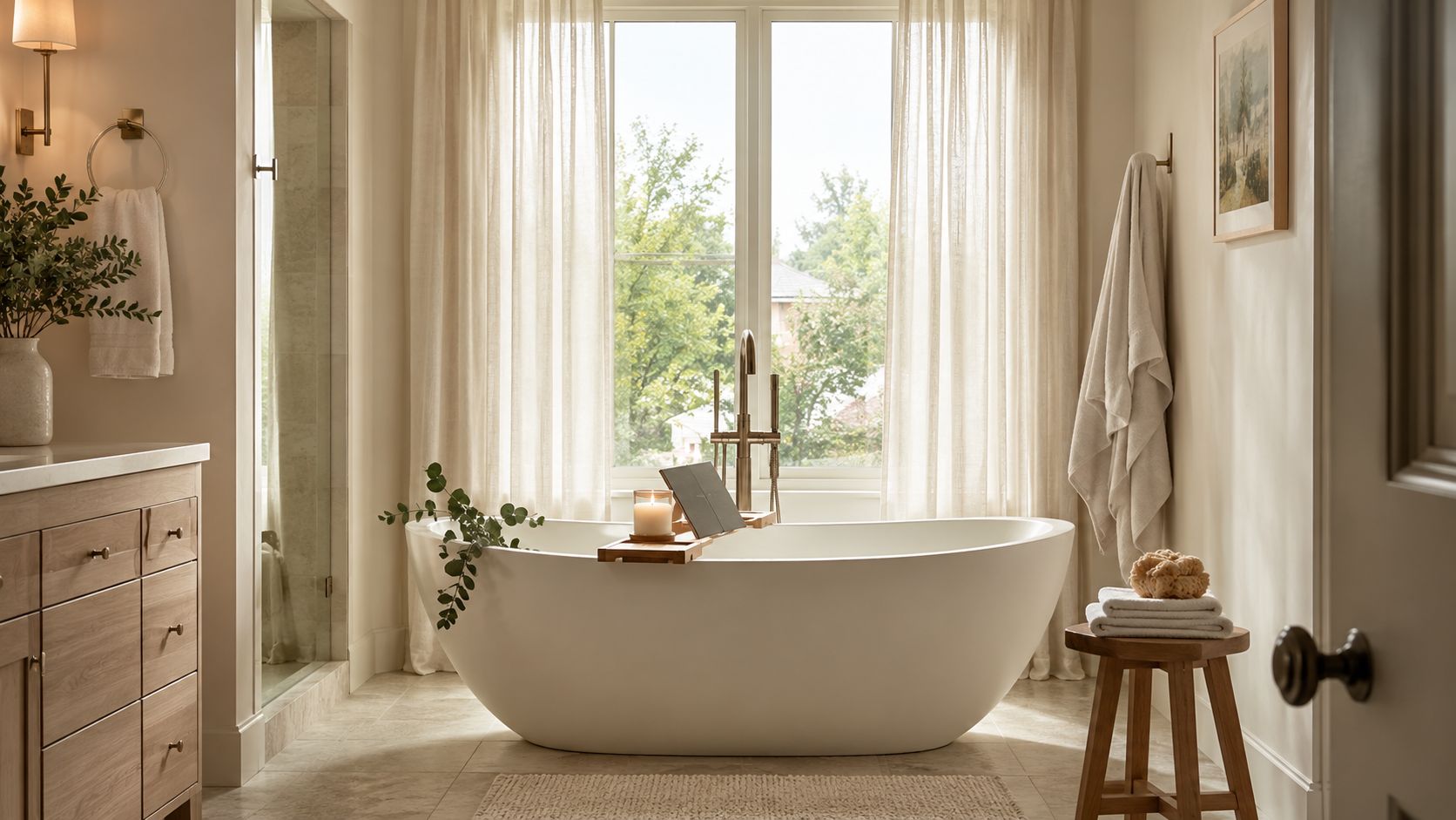 A serene spa-inspired bathroom featuring a freestanding white bathtub, wooden vanity, and soft natural lighting.