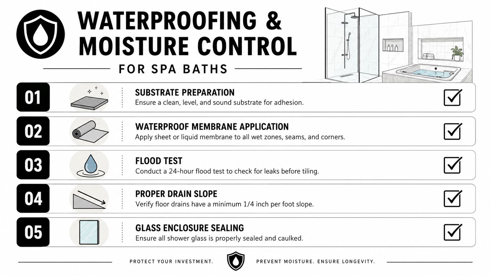 An instructional infographic detailing the five essential steps for waterproofing and moisture control in spa-style bathrooms.