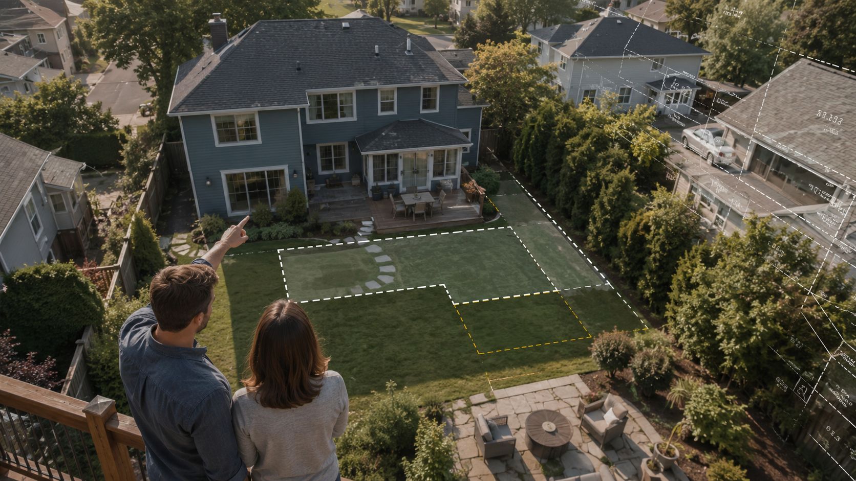 A couple standing on a balcony overlooking their backyard while planning a home renovation project.