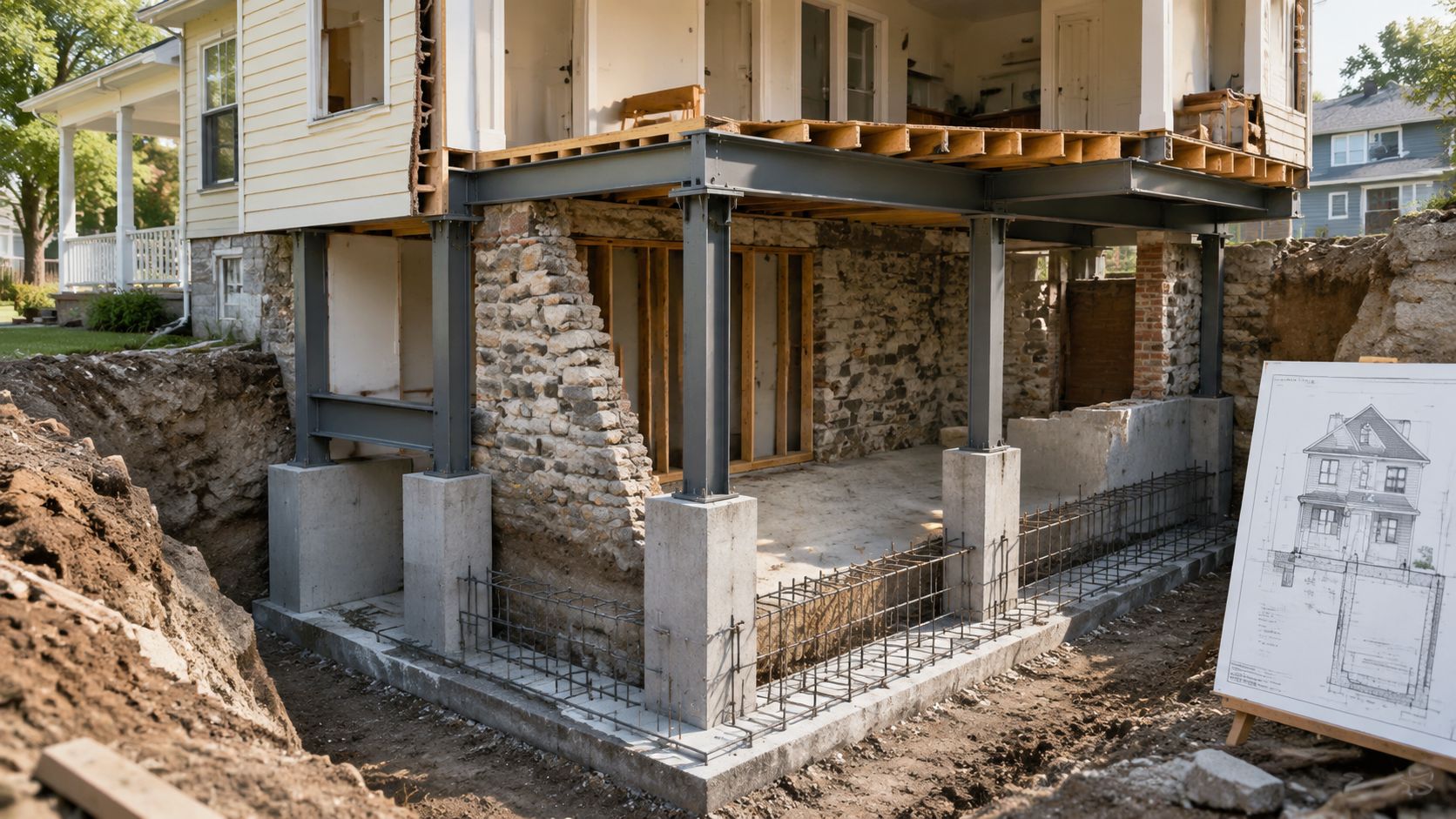 Construction site of a two story addition to back of house with exposed steel beams and foundation.
