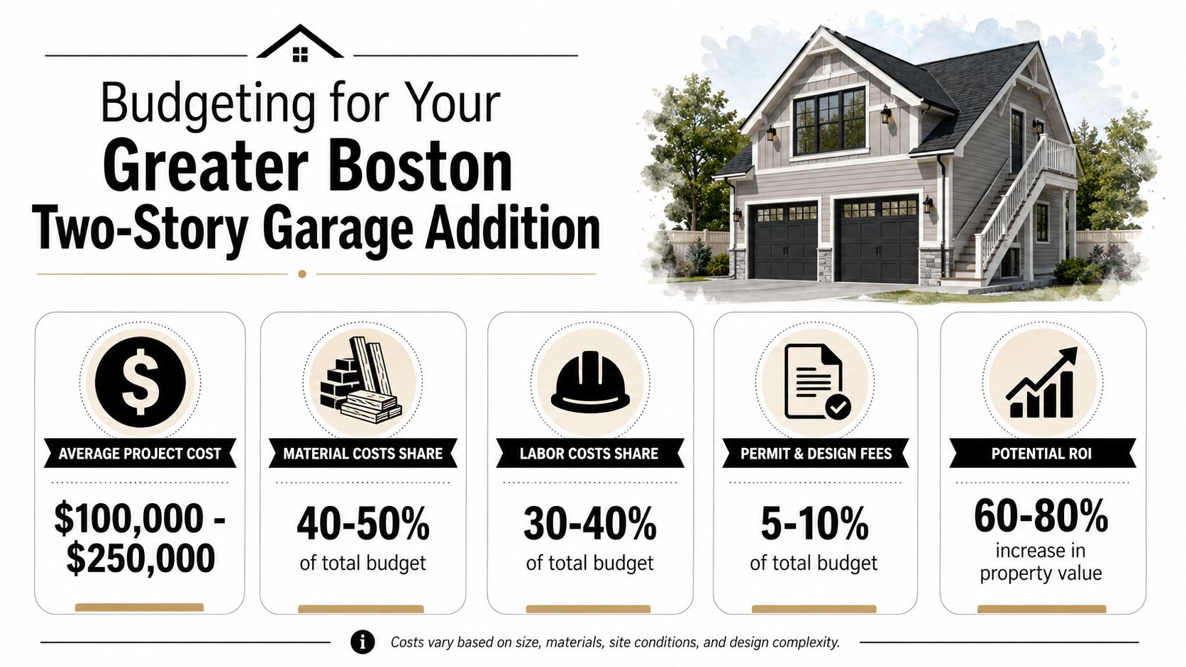 An infographic detailing the budget breakdown for a two-story garage addition project in Greater Boston.