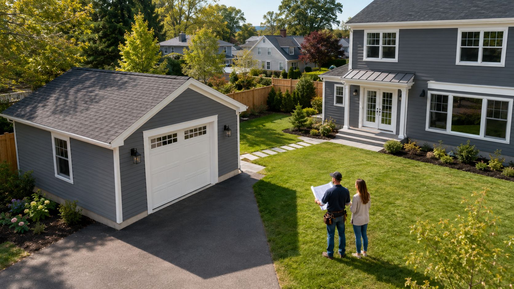 A contractor and a homeowner reviewing blueprints in the backyard of a house with a garage addition.