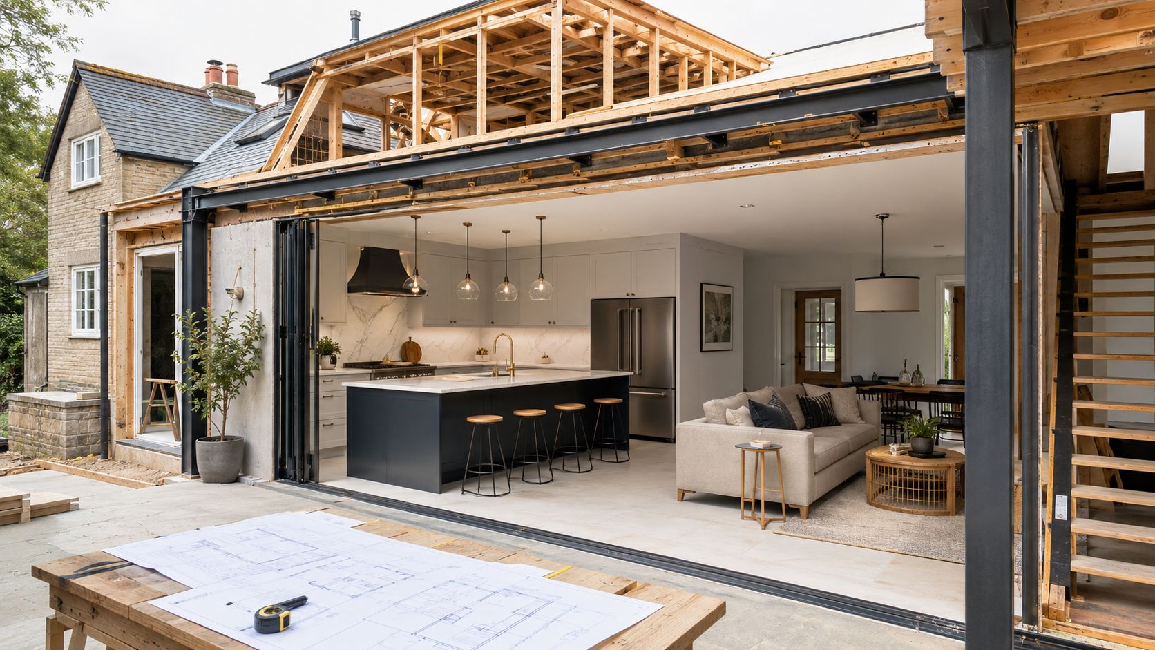 A modern open-concept kitchen and living area viewed from an outdoor construction site with blueprints.