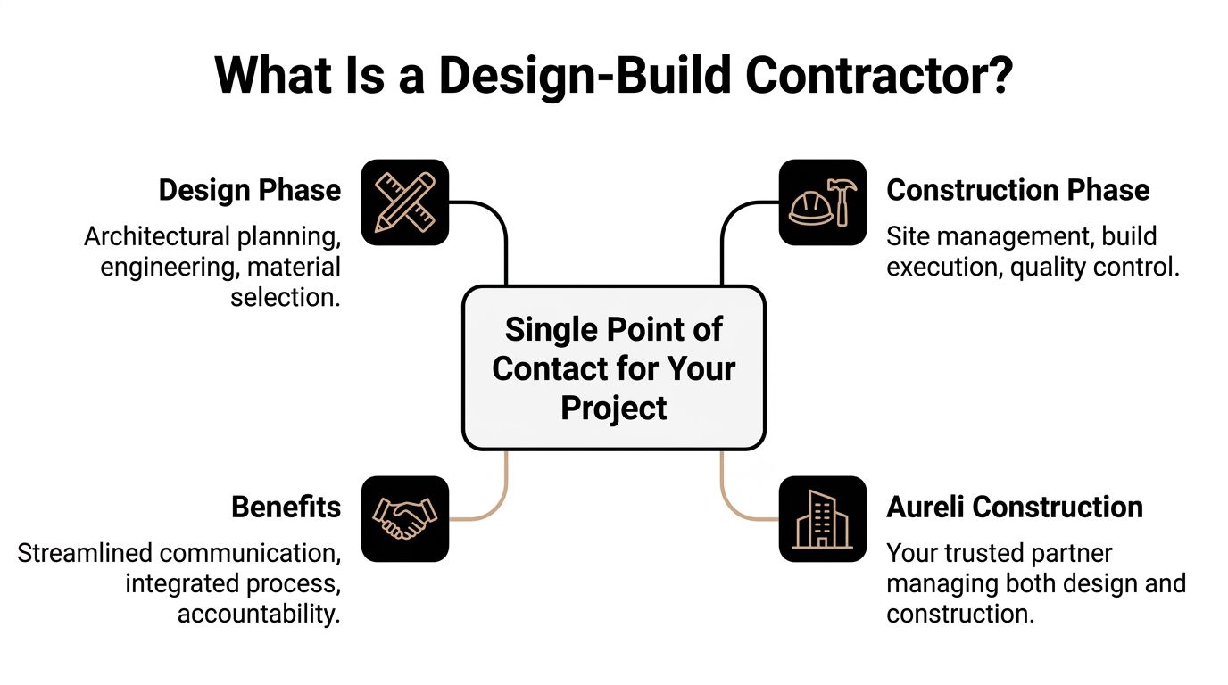 A diagram explaining the design-build contractor model showing phases, benefits, and a single point of contact.