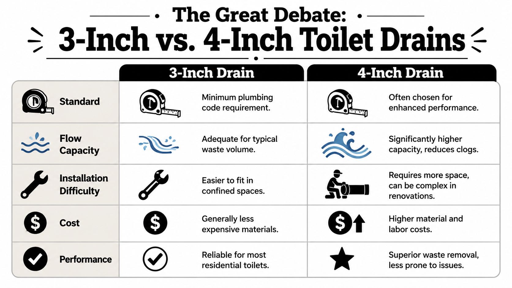 A comparison chart outlining the key differences between 3-inch and 4-inch toilet drains regarding cost and performance.
