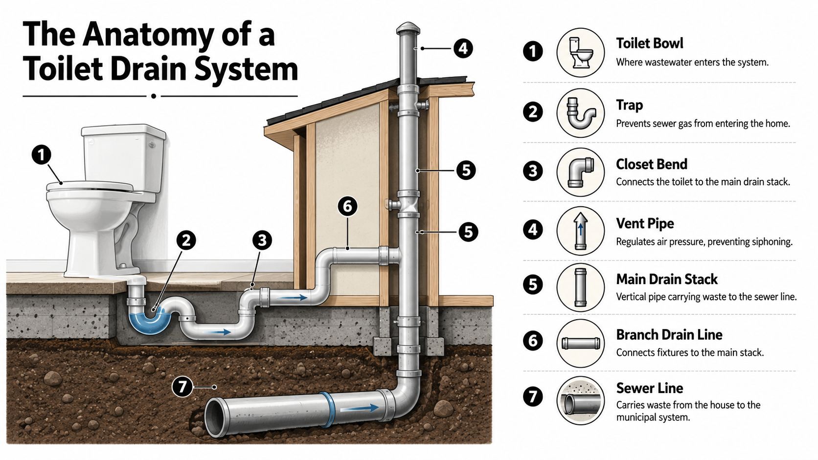 A diagram illustrating the components of a household toilet drain system, labeled from one to seven.