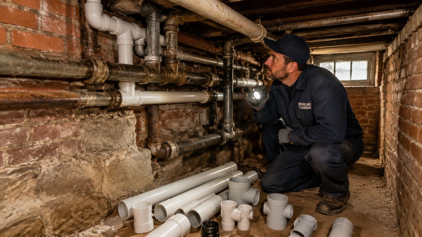 A professional plumber in a uniform inspecting complex basement plumbing pipes with a flashlight.