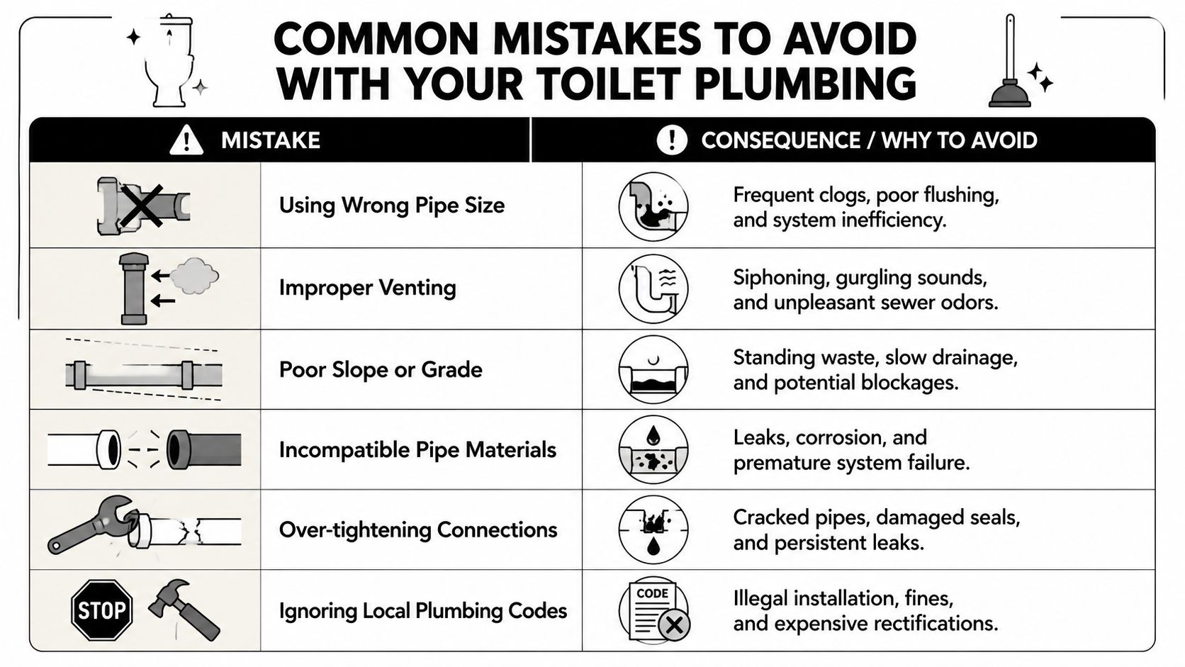 A chart illustrating common toilet plumbing mistakes like wrong pipe sizes, poor venting, and improper slope.