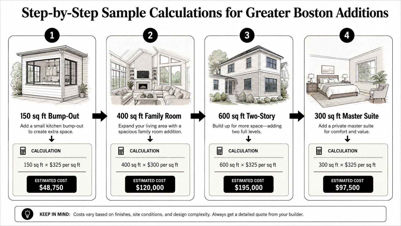 An infographic showing step-by-step cost calculations for four different home addition types in Greater Boston.