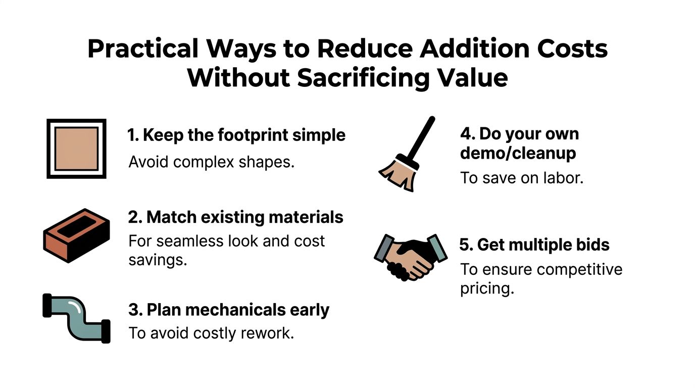An infographic titled Practical Ways to Reduce Addition Costs featuring five numbered tips for construction projects.