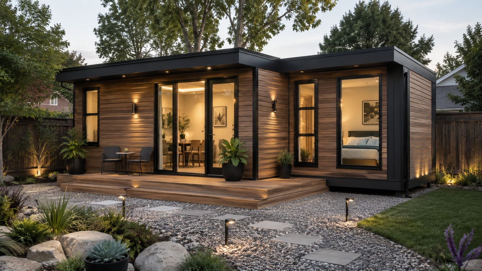A modern wooden backyard ADU with a deck, large windows, and landscaped gravel garden at twilight.