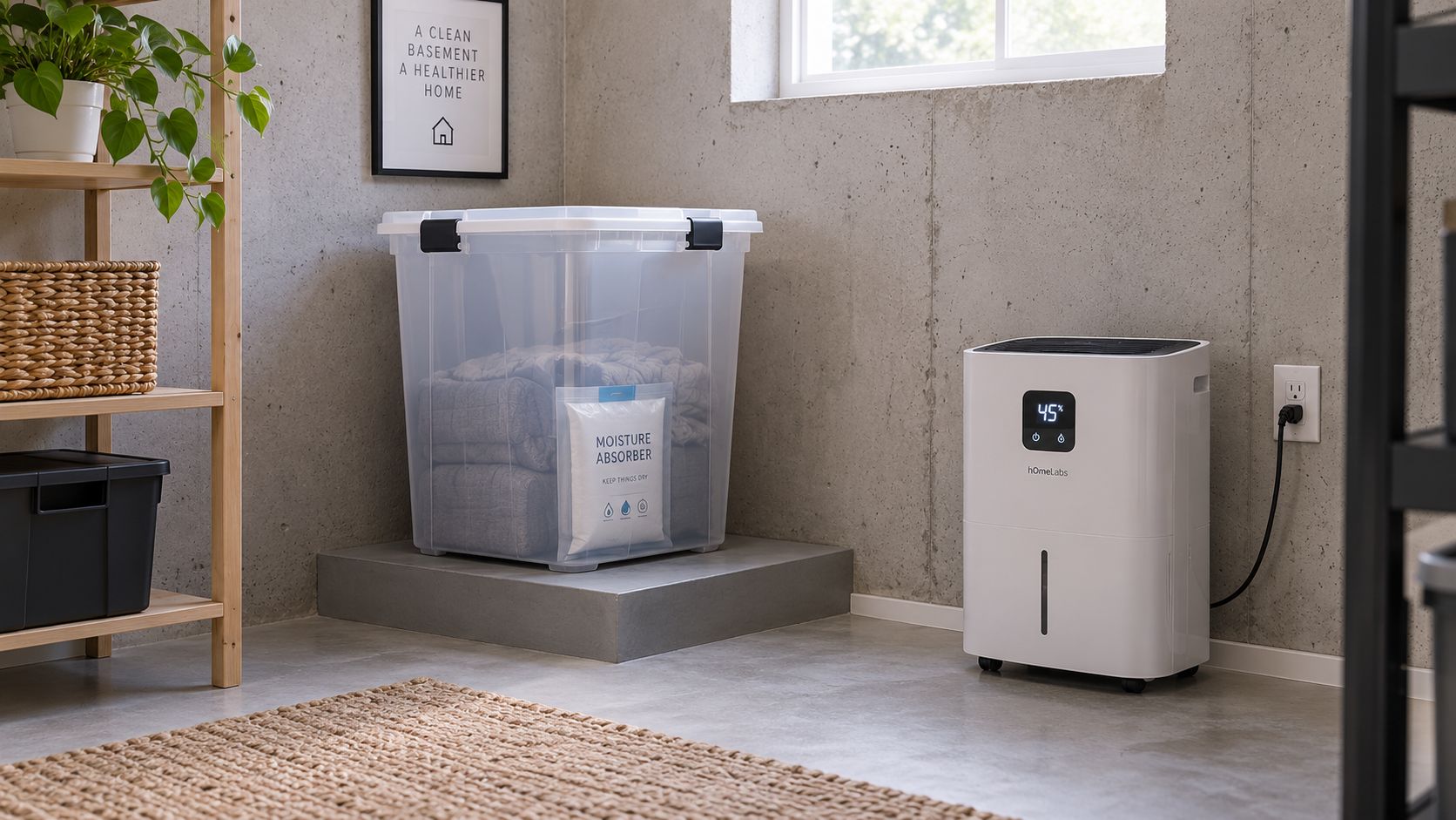 A modern white dehumidifier stands next to a clear plastic storage bin on a basement floor.